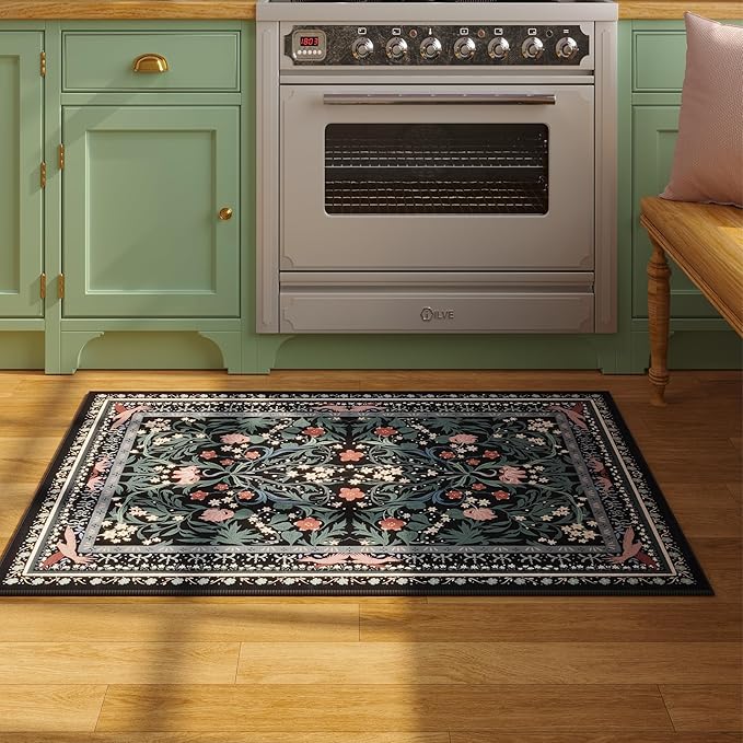 Door Mat Indoor Entrance 2x3 Rug Machine Washable Vintage Floral Botanical Small Area Rug Non-Slip Low Pile Throw Rugs for Entryway, Kitchen, Front Door Entrance, Entry, Kids Room, Black-CubbioJoy