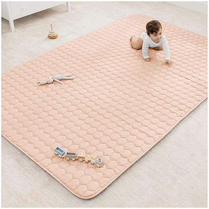 Comfy Cubs Rectangle Kids Play Mat - Large 60 x 96 inches Soft Quilted Baby Floor Mat with Non-Slip Bottom - Plush Design for Toddlers' Playtime and Relaxation - Comfortable and Durable - Blush-CubbioJoy