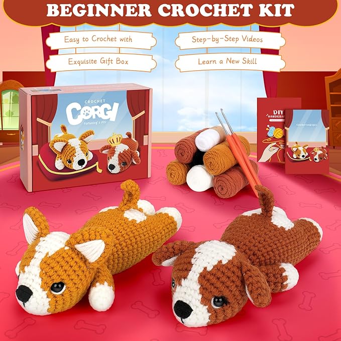 Crochet Kit for Beginners, 2 Adorable Corgi Dog Crochet Animals Kits, Easy Beginner Crochet Kit for Adults & Kids, Women & Men, DIY Craft Knitting Kit with All Supplies-CubbioJoy