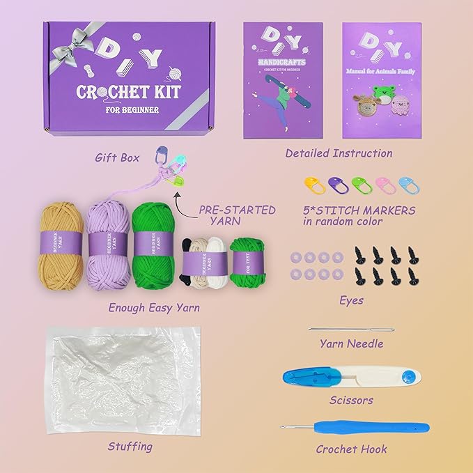 Crochet Kit for Beginners - Knitting Kit for Adults & Kids | Learn to Crochet Animals Frog Octopus Cow with Step-by-Step Video Tutorials-CubbioJoy