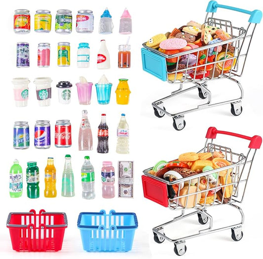 134pcs Mini Shopping Cart Basket Miniature Food Drink Bottle Supermarket Metal Handcart Toys Doll House Store Cosplay Game Dollhouse Grocery Fruit Cake Bread Party Trolley Model Dollar Bills-CubbioJoy