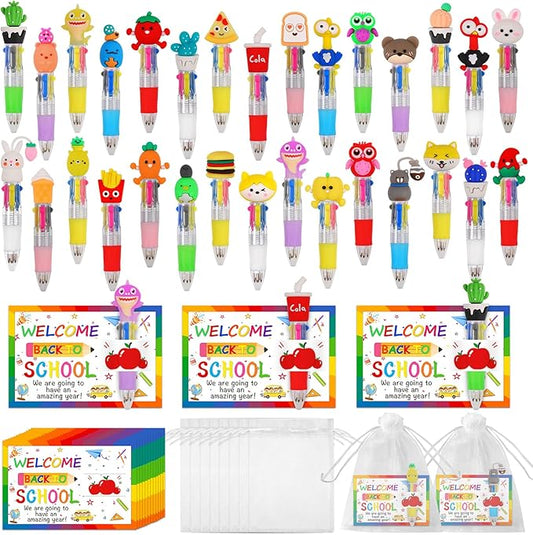 30 Set Cute Multicolor Pens in One 4-in-1 Fun Pens Bulk with 30 Gift Cards for Kindergarten Party Welcome Back To School Student Gift Bulk Office School Exchange Gifts-CubbioJoy