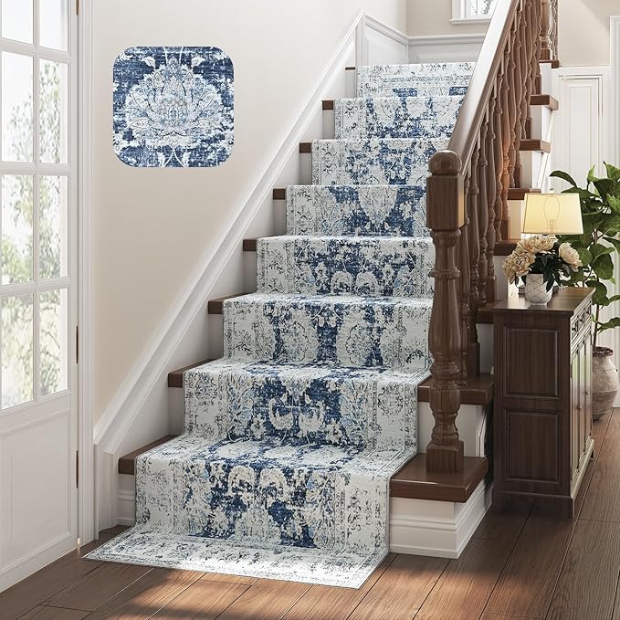 jinchan Hallway Runner Rug 3x10 Machine Washable Runner Rug Dark Blue Vintage Floral Design Non-Slip Low Pile Ultra-Thin for Kitchen Laundry Room Bedroom Farmhouse (3‘x10',Dark Blue)-CubbioJoy