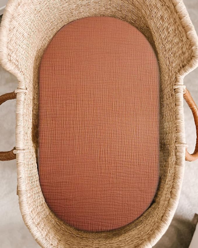 Bassinet Sheet for Baby Boy and Girl, Fitted Sheets for Rectangle, Oval, Hourglass Bassinet Mattress, Muslin Moses Basket Sheets with Neutral Style (Brick)-CubbioJoy