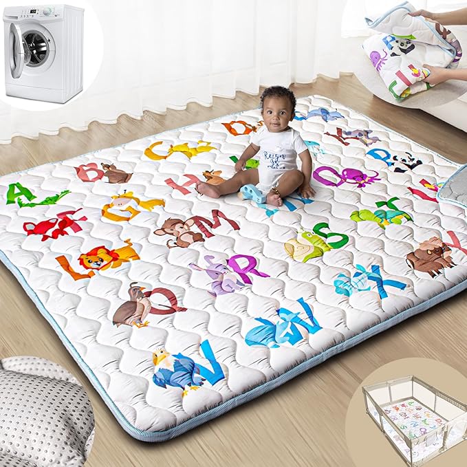 Baby Play Mats for Floor, 71”x59” Upgraded Thickness & Larger Super Soft Playmat for Babies and Toddlers, Foldable Washable, Upgrade Anti-Slip Crawling Mat for Playpen(Animal Alphabets)-CubbioJoy