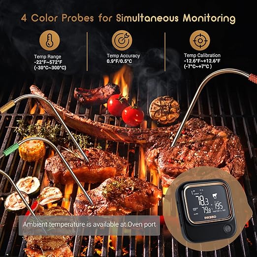 5GHz WiFi & Bluetooth 5.1 Meat Thermometer, Inkbird WiFi Grill Meat Thermometer for Grilling Smoker BBQ Cooking with 4 Probes, IBT-26S Wireless APP Control, Alarm Timer, Backlit LCD, Rechargeable-CubbioJoy