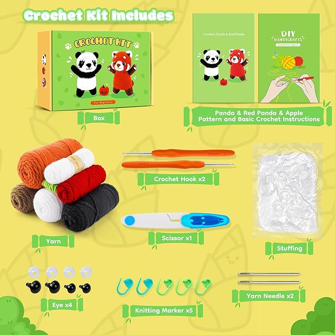 Crochet Kit for Beginners - 2PCS White and Red Panda Crochet Animal Kit with Step-by-Step Video Tutorials, Apple Crocheting Kit, Crochet Starter Kit for Kids and Adults, Beginners Knitting Kit-CubbioJoy