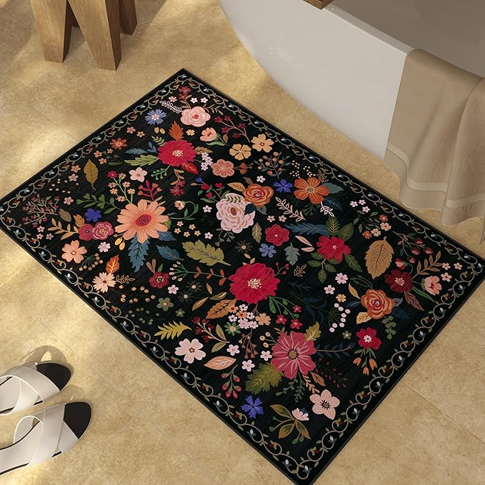 3x5 Area Rug, Floral Black Washable Rug for Entryway, Non Slip Flower Area Rugs, Soft Low Pile Indoor Doormat Small Carpet, Rugs for Living Room Bathroom Bedroom Nursery Kitchen Dining Room-CubbioJoy