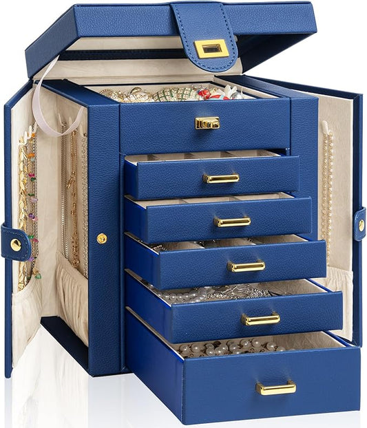 AKOZLIN Jewelry Box Organizer Functional Leather Jewelry Storage Case for Women Girls Ring Necklace Earring Bracelet Holder Organizer with Mirror Blue-CubbioJoy