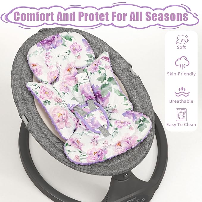 Infant Car Seat Insert, Soft Baby Car Seat Head & Body Support for Girl Boy, Reversible Newborn Preemie Carseat Insert Cushion with 3 Straps Pads Fits CarSeat, Stroller, Swing, Bouncer, Purple Floral-CubbioJoy