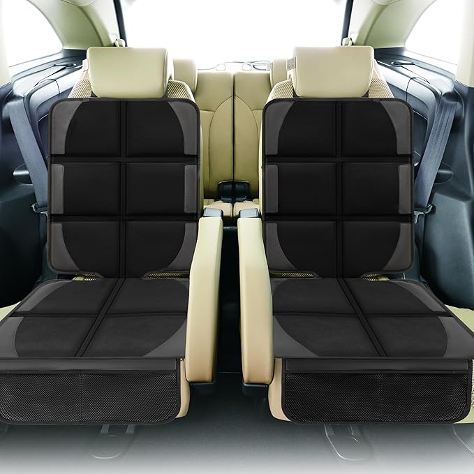 Car Seat Protector for Child Car Seat, 2 Pack Baby Car Seat Covers with Mesh Pockets & Non-Slip Backing 600D Durable Seat Protector Under Baby Car Seat for Car Back Seat (Black, Large)-CubbioJoy