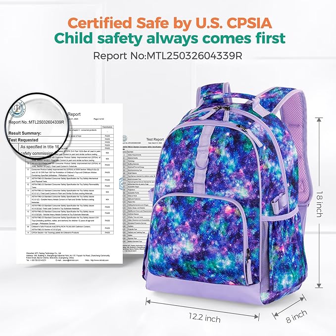 Choco Mocha Galaxy Backpack for Girls, Elementary School Backpack for Girls Ages 6-8 Kids Kindergarten Backpack Large Bookbag 18 Inch with Chest Strap, Purple-CubbioJoy