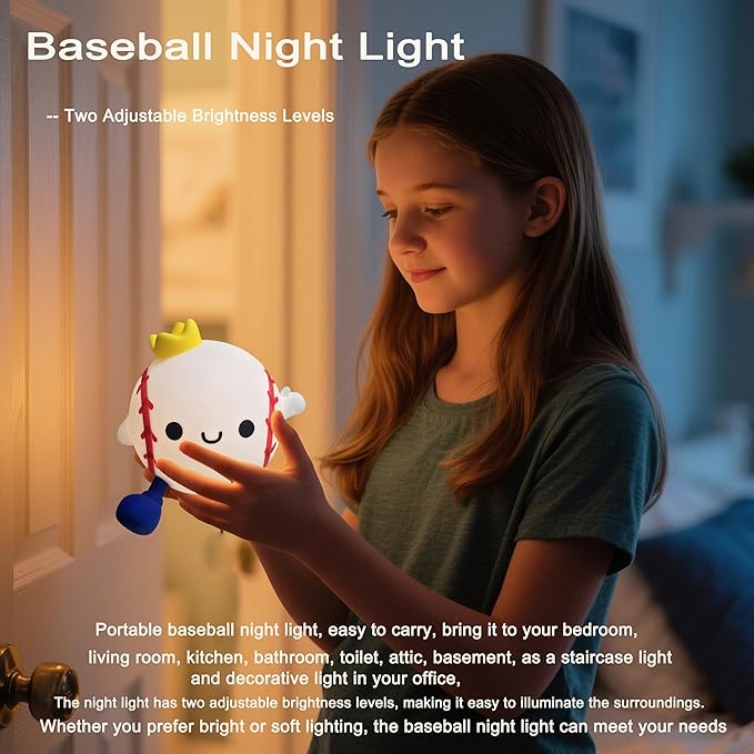 DREAMING MY DREAM Baseball Night Light,Cute Silicone Squishy Novelty LED Night Lamp, Touch Lamp with 2 Levels Dimmable 20Min Timer,for Nursery Bedroom Kids Room Boys Girls Gifts-CubbioJoy