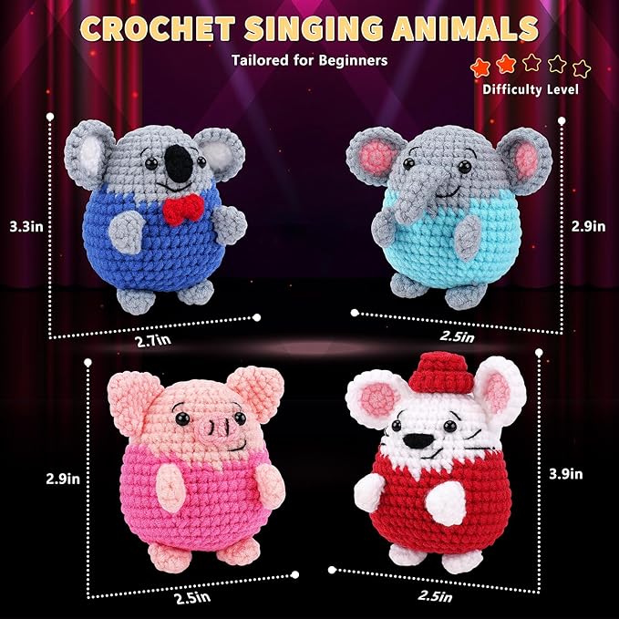 Crochet Kit for Beginners - 4 PCS Crochet Starter Kit with Step-by-Step Video Tutorials, for Adults Kids - Elephant Mouse Pig Koala Microphone Crocheting Set-CubbioJoy