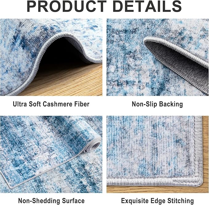 Area Rugs Living Room Rug - 4x6 Washable Modern Abstract Soft Neutral Non-Slip Carpet Large Indoor Floor Thin Carpets for Bedroom Dining Room Farmhouse Nursery Home Office Blue Grey-CubbioJoy