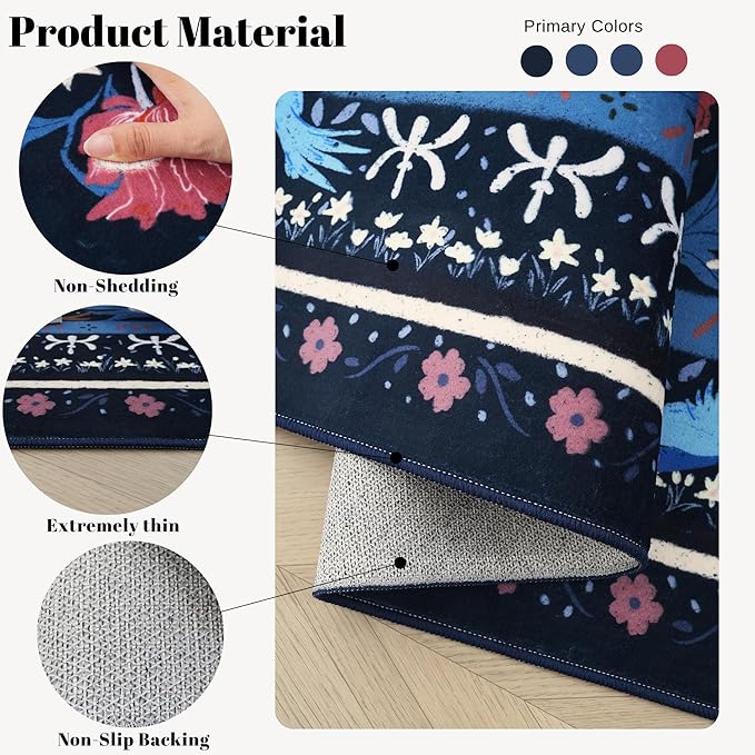 Bedroom Rug 3x5 Rug Washable Area Rug Non Slip Low Pile Vintage Floral Botanical Small Carpet for Bedroom, Bedside, Kitchen, Entryway, Kids Room, Office, Blue-CubbioJoy