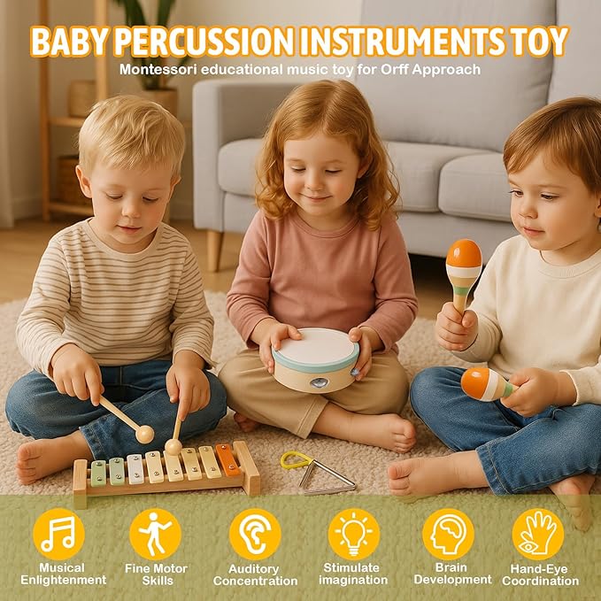 Baby Musical Instruments - Wooden Montessori Toys for Toddlers 1-3, Baby Musical Toys Percussion Instruments Set with Xylophone Tambourine, Neutral Preschool Educational Baby Toys for Boy Girls Gifts-CubbioJoy