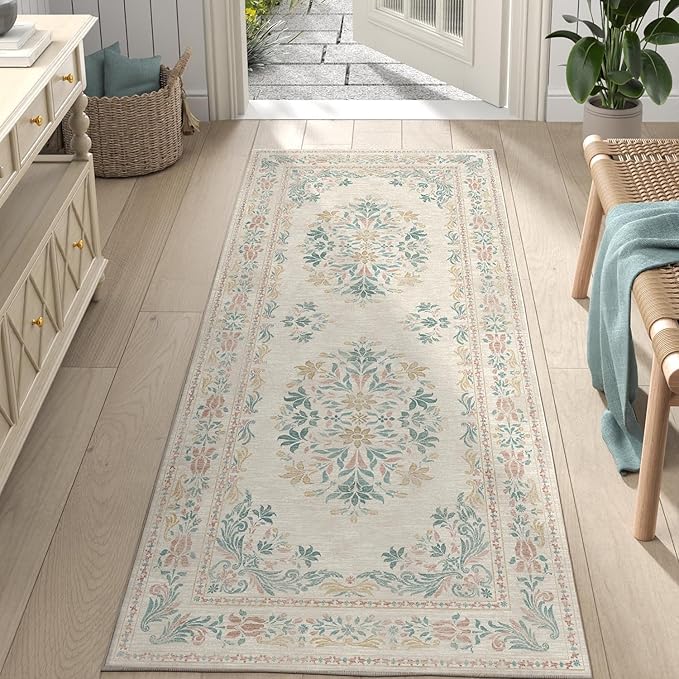 jinchan Vintage Floral Runner Rug 2x5 - Machine Washable Distressed Design Non-Slip Low-Pile Soft Thin Carpet for Hallway Kitchen Farmhouse Bedroom Entryway Laundry Room (2x5ft,Apricot Multi)-CubbioJoy