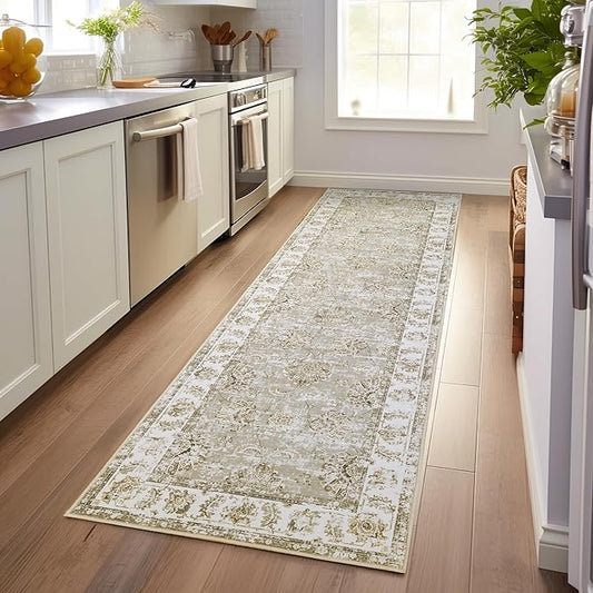 jinchan Hallway Runner Rug 3x8 Washable Runner - Vintage Floral Non Slip Low-Pile Soft Thin Faux Wool Kitchen Rug Distressed Carpet for Farmhouse Bedroom Laundry Room(3x8ft,Taupe)-CubbioJoy