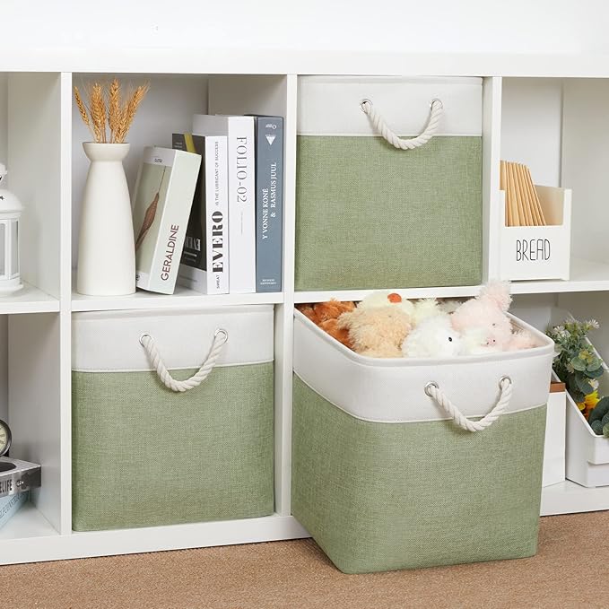 Bidtakay Cubby Storage Bins Set of 3 Fabric Baskets for Shelves Closet Drawer Organizer Storage Cubes 13x13 Collapsible Organization Baskets for Nursery Toy Shelf (White&green)-CubbioJoy