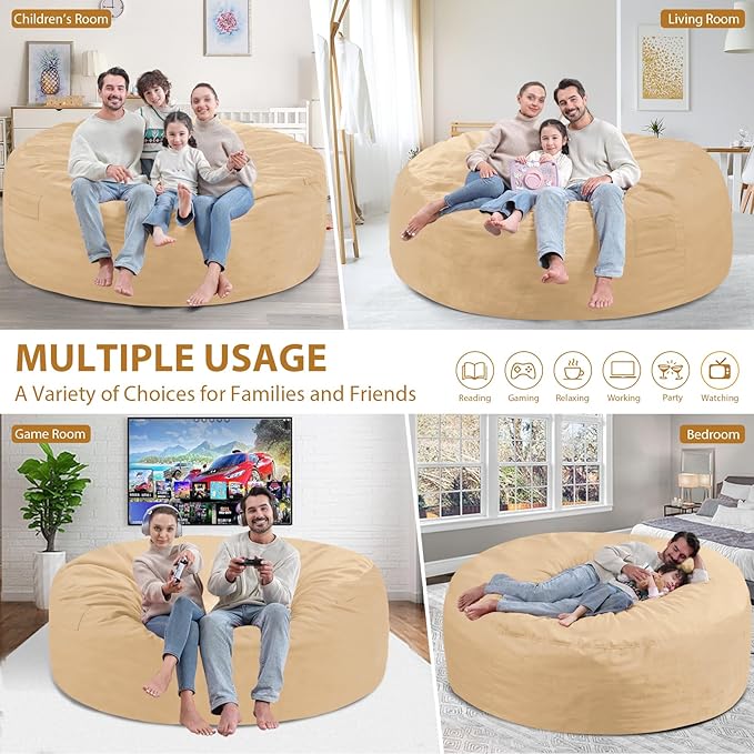 6FT Bean Bag Chair, Large Bean Bag Chairs with Memory Foam Filled, Fluffy Beanbag Sofa with Dutch Velvet Cover, Round BeanBag Chairs for Living Room, Playroom - Khaki-CubbioJoy