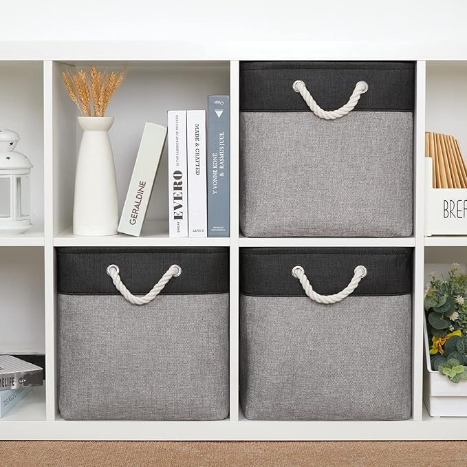 Bidtakay Fabric Cube Storage Bins for Organizing 13x13 Large Storage Baskets Decorative Storage Bins for Home Storage Set of 3 Shelf Organizer Bins for Toy Storage (Black&grey)-CubbioJoy