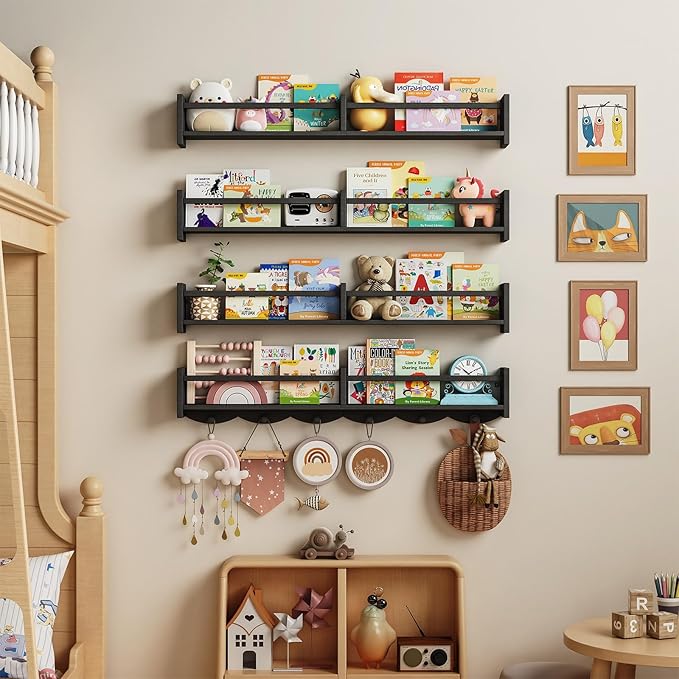 34Inch Nursery Bookshelves,Set of 4,Wall Floating Shelf Kids Coat Rack with 6Hooks,Hanging Book Shelf for Baby Nursery Room Décor ，Patent Number: 29958098(Black, 34)-CubbioJoy