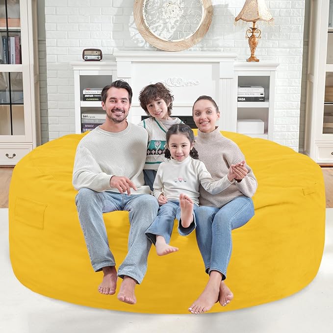6FT Bean Bag Chair, Large Bean Bag Chairs with Memory Foam Filled, Fluffy Beanbag Sofa with Dutch Velvet Cover, Round BeanBag Chairs for Living Room, Playroom - Lemon-CubbioJoy