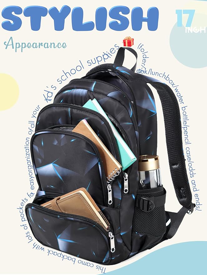 BLUEFAIRY Kids Backpack for Boys Elementary Primary Middle School Bags for Childs Book Bags Bookbags Lightweight Padded Straps Back to School Mochilas para Niños 17" Black/Blue-CubbioJoy