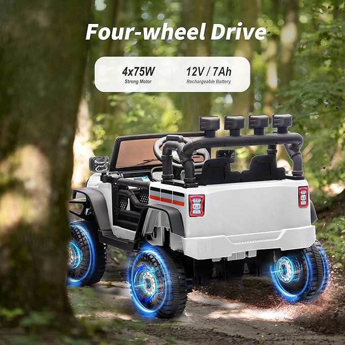 4WD Kids Ride on Car Truck, 12V 7Ah Kids Electric Vehicles Car Ride on Toy for Toddlers 3-5 with Remote Control - White-CubbioJoy