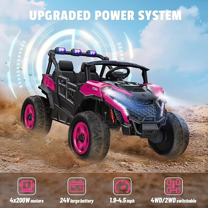 24V 2 Seater Ride on Car Truck, 4x200W, EVA Tires, 4WD/2WD, Rainbow Lights, Remote Control, Shock Absorbers, Bluetooth, Ride On UTV Toy for Kids Ages 3-8, Pink-CubbioJoy