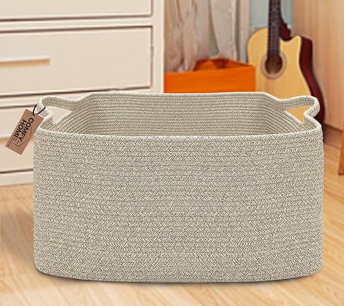 COMFY-HOMI Large Rectangular Blanket Basket, Woven Cotton Rope Baskets for Storage, Laundry Hamper Basket, Storage Bin,Toy Organizing Bin with Handle, Organization and Storage-22x15x12”-Brown-CubbioJoy