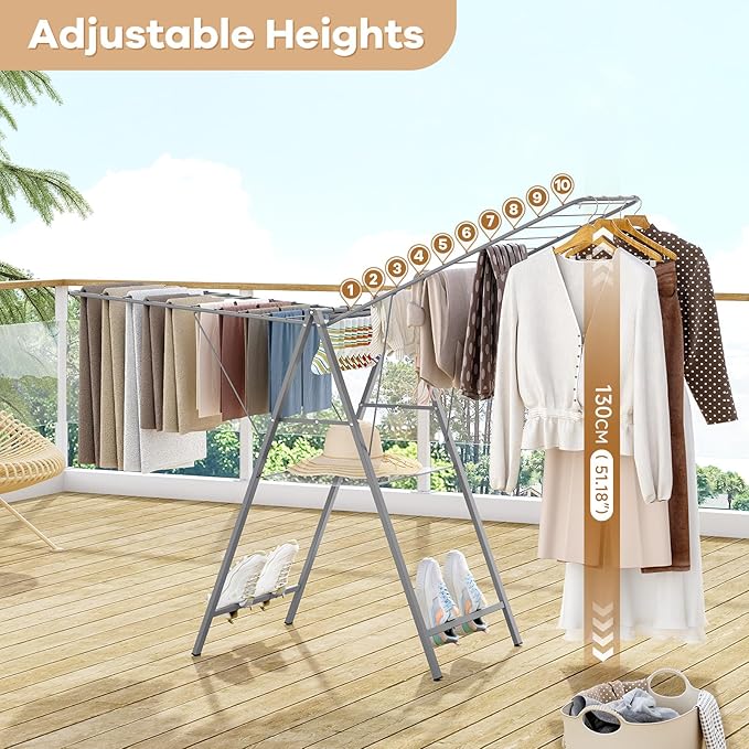 APEXCHASER Drying Rack Clothing, Clothes Drying Rack Foldable, Metal Laundry Drying Rack Collapsible for Sweater Towel Indoor & Outdoor, Height Adjustable Gullwing Clothes Airer, Grey-CubbioJoy