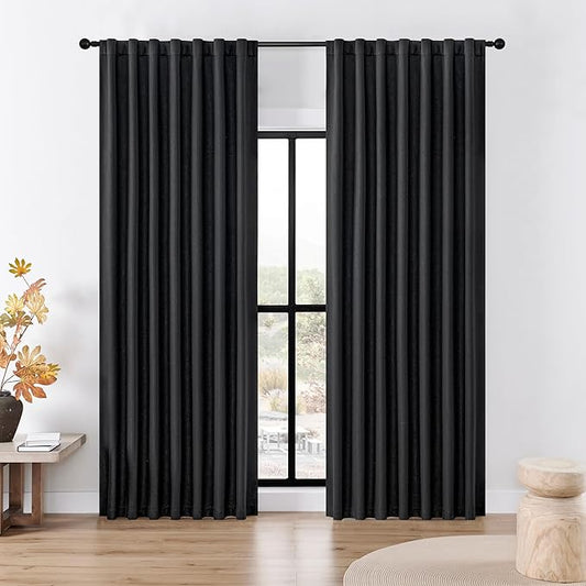 Joydeco Faux Linen Blackout Curtains for Bedroom,Black Blackout Curtains 90 inches Long,100% Blackout Solid Thermal Insulated Window Drapes Luxury Decor for Living Room（W52xL90 Inch,Black）-CubbioJoy