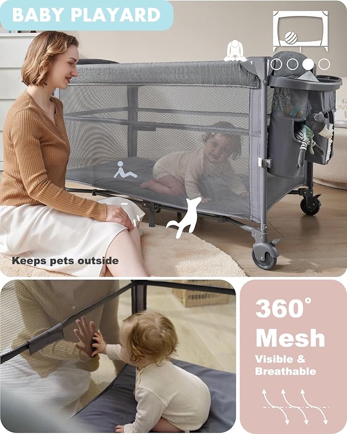 AirClub 4 in 1 Baby Bassinet Bedside Sleeper, 4 Functions Crib, Playard, Portable Changing Table, Bassinet for Newborn Baby, Bedsaide Bed w/Wheels&Brakes-CubbioJoy