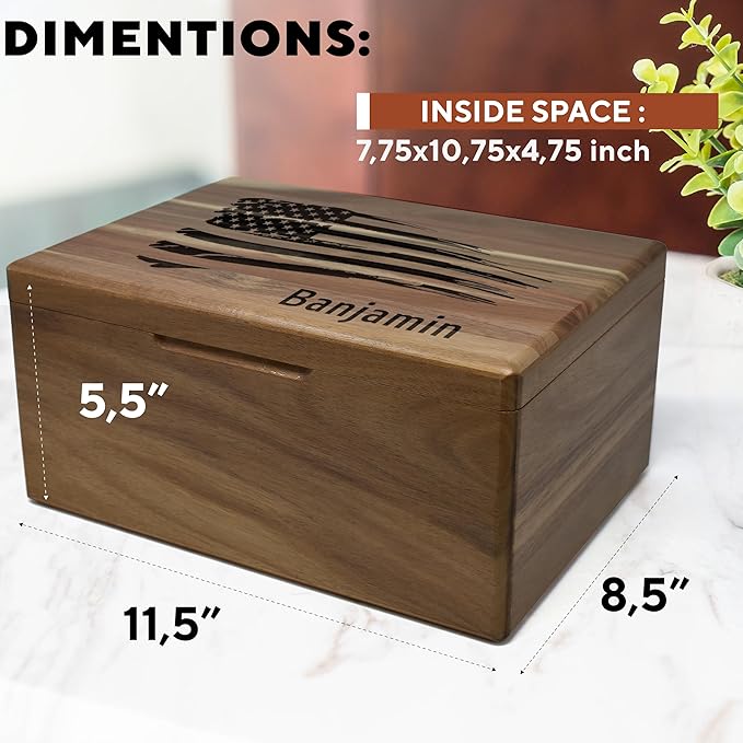 American Flag Box Personalized - Large Keepsake Boxes for Mens, Boys, 5th Wedding Gift Anniversary for Men/Women, Acacia Wood Decorative Chest Memory, Boys Treasure Box, 11.5 x 8.5 x 5.5 in-CubbioJoy