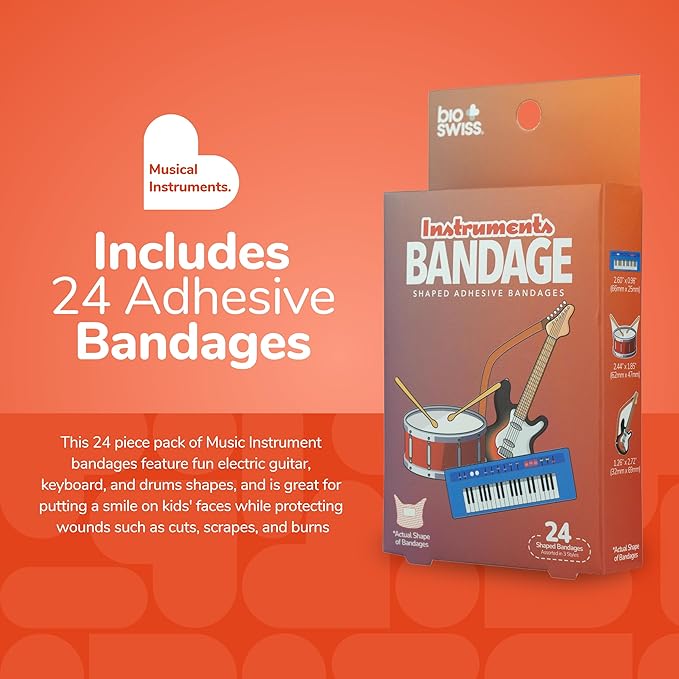 BioSwiss Bandages, Musical Instruments Shaped Self Adhesive Bandage, Latex Free Sterile Wound Care, Fun First Aid Kit Supplies for Kids and Adults, 24 Count-CubbioJoy
