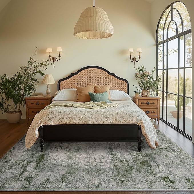 jinchan Washable Area Rug 8x10 for Living Room - Soft Faux Wool Ultra-Thin Stain Resistant Non-Slip Distressed Vintage Floral Large Carpet for Bedroom,Dining Room,Home Office,Nursery(Green, 8'x10')-CubbioJoy