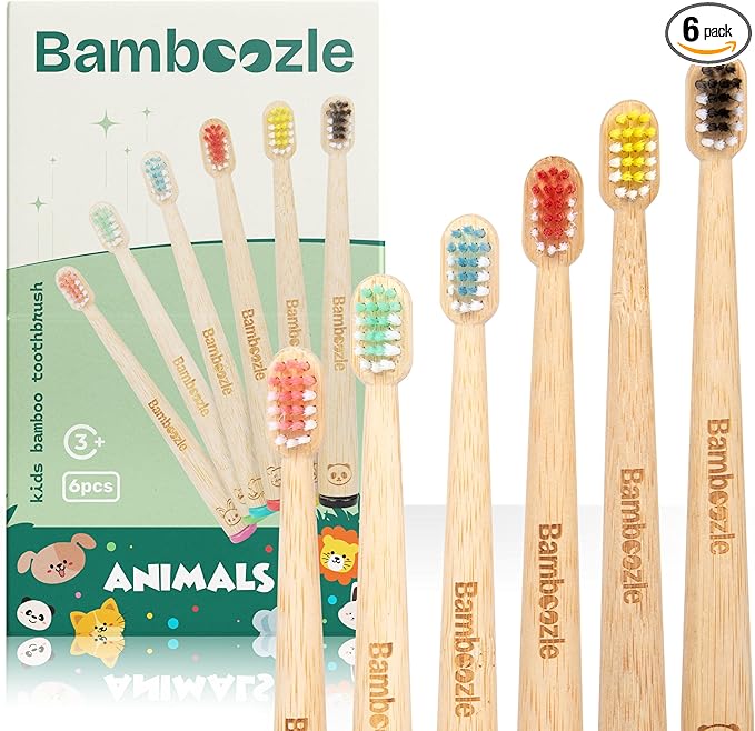 Bamboozle Eco-Friendly Animal Toothbrushes for Kids - Sustainable Bamboo Design, Biodegradable & Stylish Oral Care Solution, Animal Design, Pack of 6-CubbioJoy