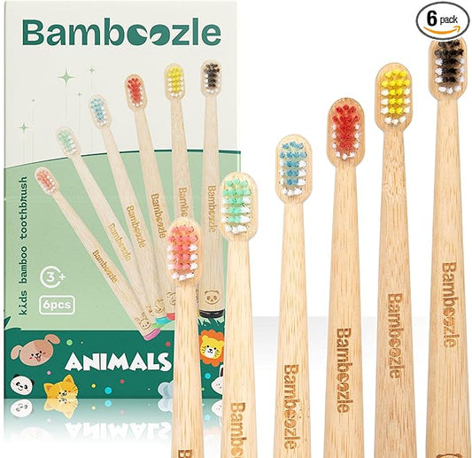 Bamboozle Eco-Friendly Animal Toothbrushes for Kids - Sustainable Bamboo Design, Biodegradable & Stylish Oral Care Solution, Animal Design, Pack of 6-CubbioJoy