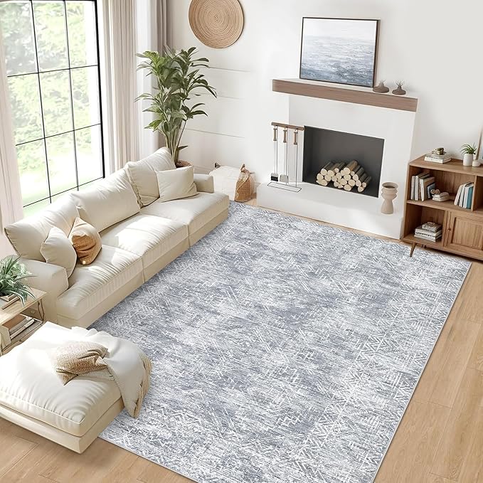 COZYLOOM 6x9 Rug Living Room Washable Modern Distressed Accent Carpet with Non-Slip Backing, Ultra-Soft Contemporary Geometric Floor Mat for Kitchen, Bedroom, Grey-CubbioJoy