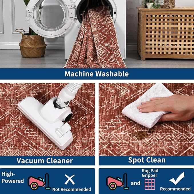 COZYLOOM 2x8 Rug Modern Indoor Area Rug Machine-Washable for Living Room or Bedroom Softness Foldable Carpet for Easy Storage Geometric Design Non Slip Rug Stain Resistant Carpet, Brick Red-CubbioJoy