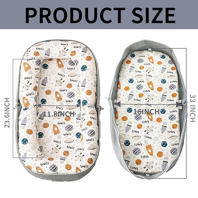 Baby Lounger, Foldable Infant Nest with Soft Memory Foam Mat, Cover with Adorable Pattern, Converts to Backpack for Easy Travel, 0-12 Months, Rocket-CubbioJoy