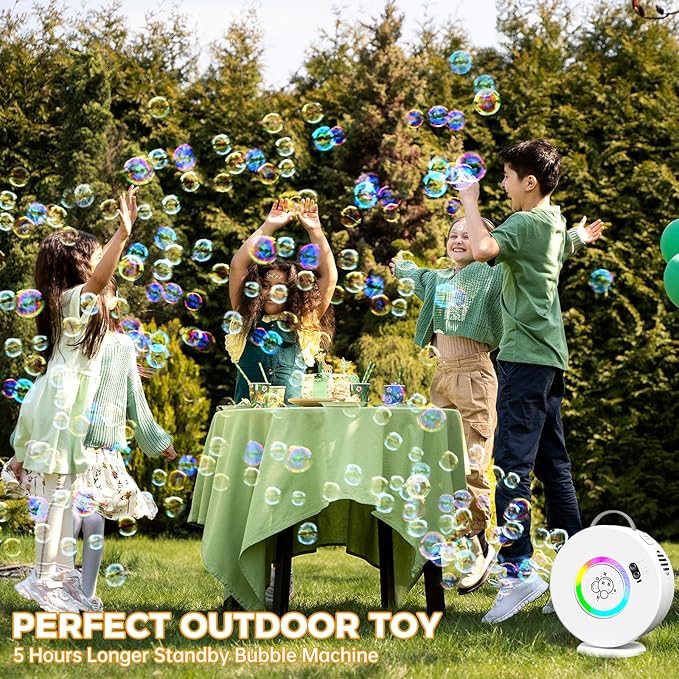 Bubble Machine Automatic LED Lights Bubble Blower for Kids Rechargeable Portable Bubble Maker Auto Rotating 90°/360° Outdoor Birthday Party Wedding (Led White)-CubbioJoy