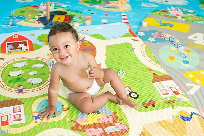 Baby Care Play Mat - Playful Collection (Busy Farm, Large) - Play Mat for Infants – Non-Toxic Baby Rug – Cushioned Baby Mat Waterproof Playmat – Reversible Double-Sided Kindergarten Mat-CubbioJoy