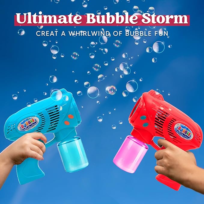 JOYIN 2 Bubble Guns with 2 Refill Solution (10 oz Total), Bubbles Maker, Blower, Machine Gun Blaster for Kids, Toddlers, Outdoors Activity, Party, Birthday Gift, Easter Toys (Blue+Red)-CubbioJoy