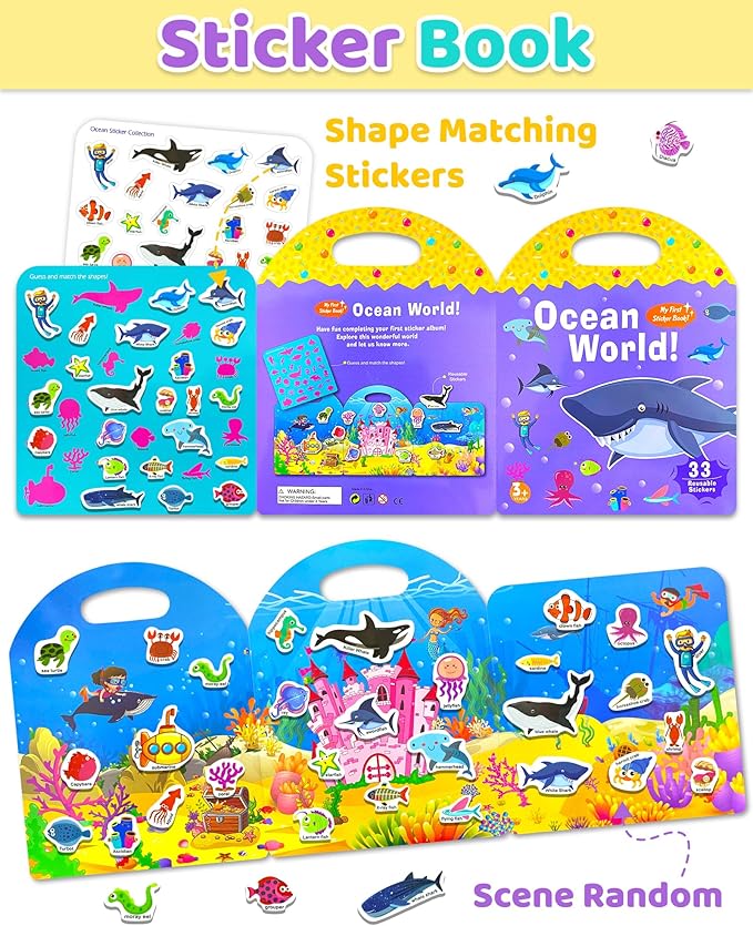 Benresive Reusable Sticker Book for Toddlers 2-4 Years, Fun Travel Stickers for Kids, Waterproof Sticker Books for Toddlers 1-3, Crafts Activities for Todddlers 1-3 2-4 3-5 - Ocean World-CubbioJoy