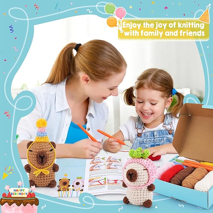 Crochet Kit for Beginners-2PCS Animals Brown and Beige Capybara Crochet Kit with Step-by-Step Video Tutorials, Stuffed Animal Knitting Kit for Adult Kids, Capybara Party Crocheting Kit for Birthday-CubbioJoy