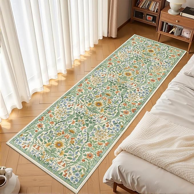 2x6 Washable Runner Rug,Grass Green Floral Boho Area Rug for Hallway,Low-Pile Non-Slip Stain Resistant Carpet for Kitchen, Bedside,Laundry Room,Entryway-CubbioJoy
