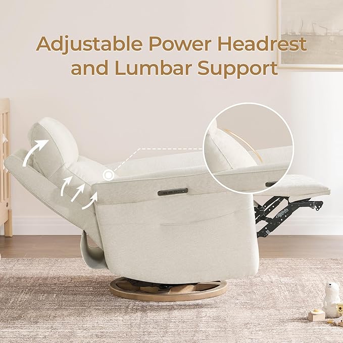 CHITA Power Recliner Chair, Electric Triple-Motor Swivel Glider Nursery Rocking Chair with Adjustable Power Headrest and Lumbar Support, GREENGARD Gold Certified, Solid Wood Base, Linen-CubbioJoy